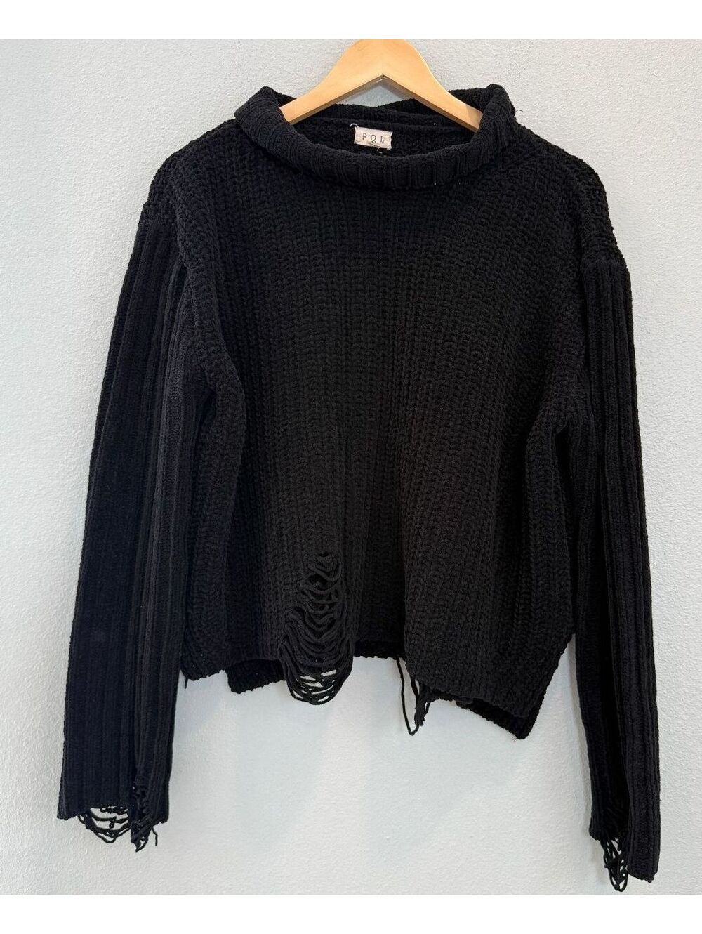 POL Black Distressed Frayed Turtle Neck Black Sweater - Women's Small NWOT